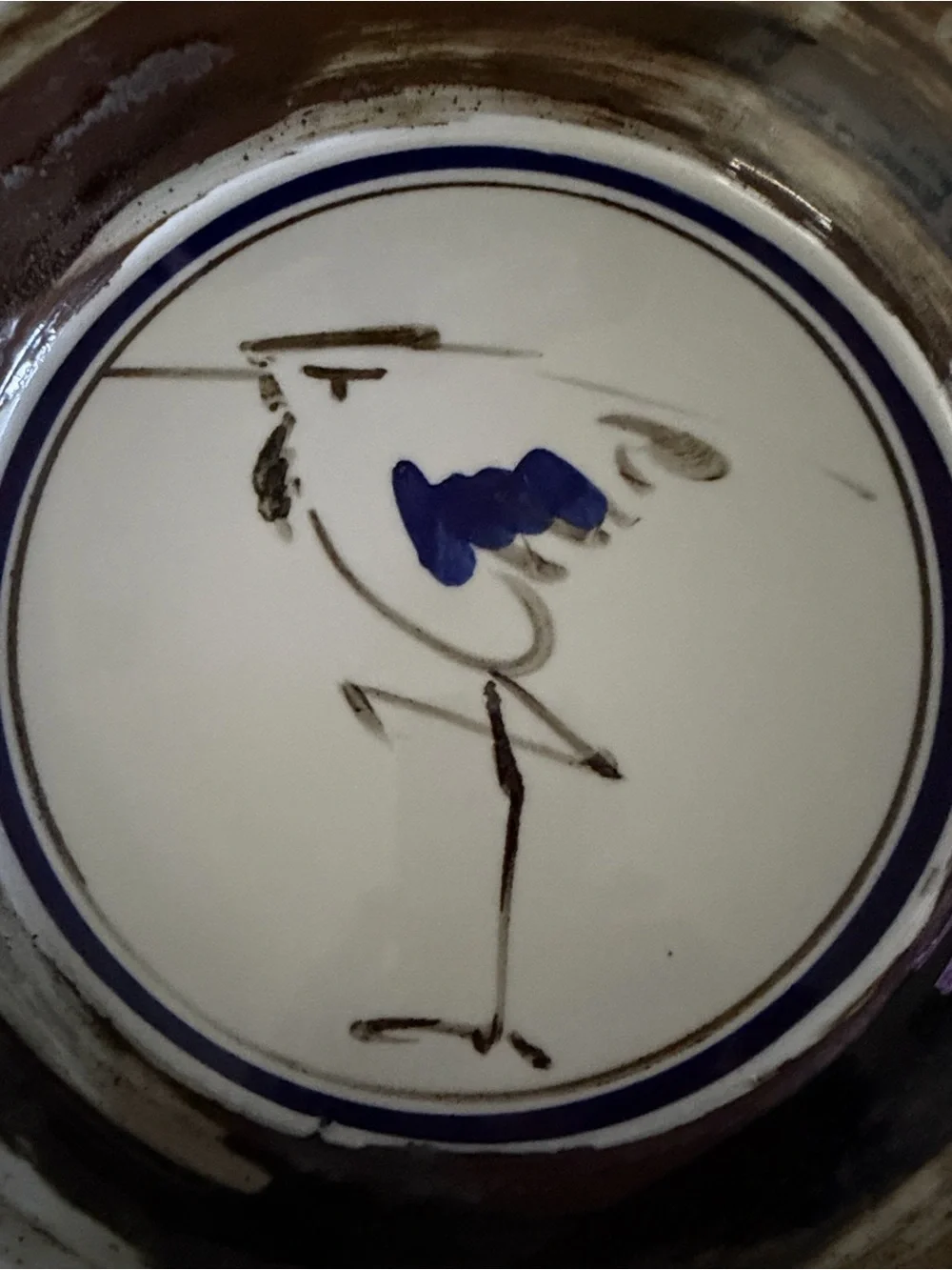 Dansk White Ceramic Plate with Blue and Brown Heron Bird Design.